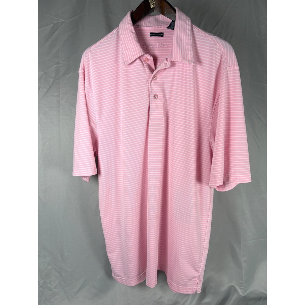 Glen Echo Mens Pink White Striped Polo Shirt Large Moisture Wicking Performance